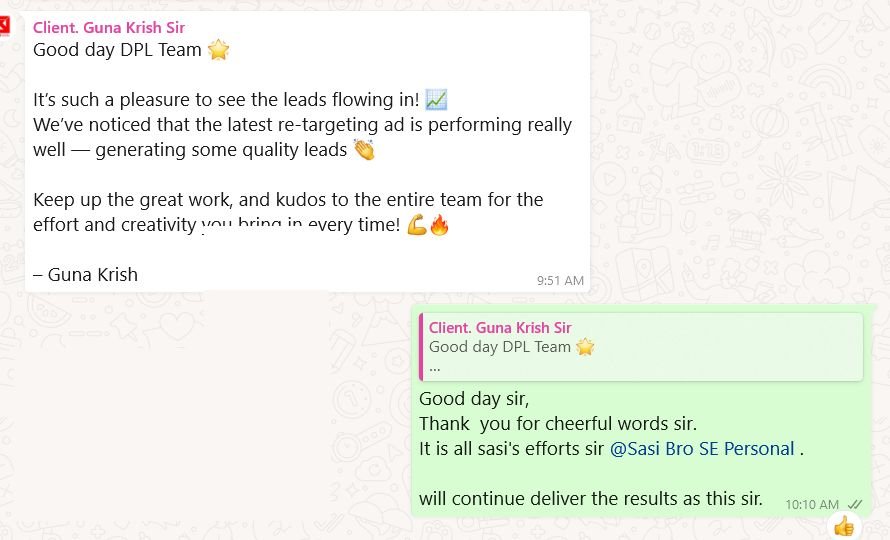 Client message about leads flowing in from a retargeting campaign